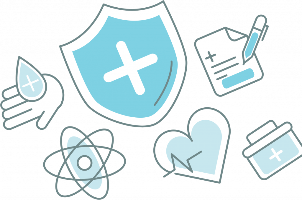 A collection of healthcare-themed icons, including a shield with a cross, a hand holding a droplet with a cross, a document with a pen, a heart with a heartbeat line, a pill container with a cross, and an atom-like symbol.